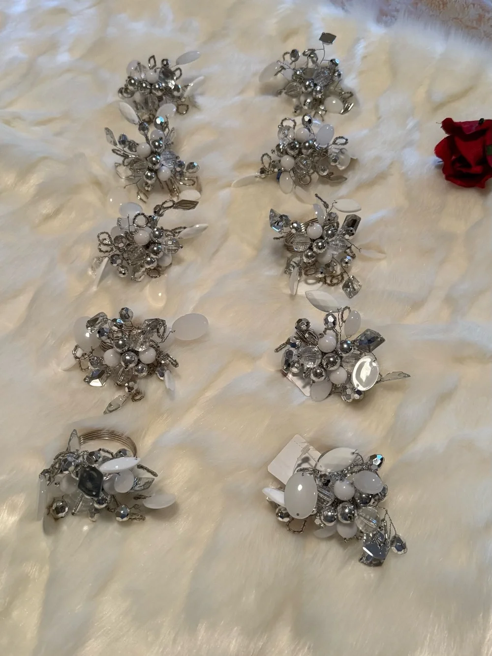 Pier 1 White and Silver Beaded Floral Napkin Rings (Set)